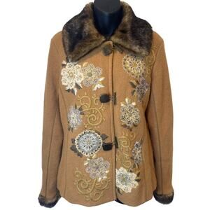 Icelandic Design Embroidered Wool Jacket with faux fur collar womens size Small